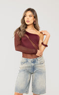 Wine Asymmetric Long-Sleeve Bodysuit by Navissi