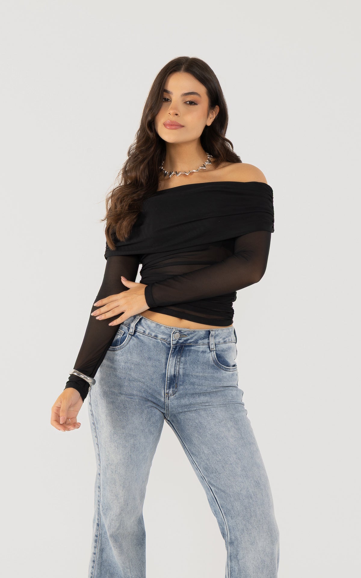 Black Long-Sleeve Wide-Neck Blouse by Navissi