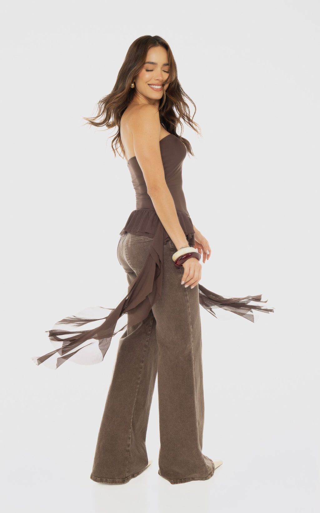 Chocolate Strapless Ruffle-Detail Blouse by Navissi
