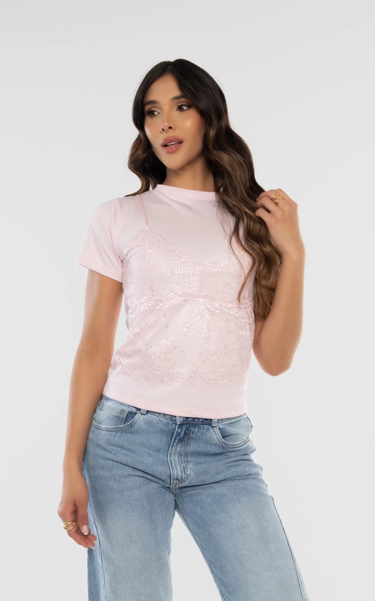 Camiseta Top Encaje Rosado