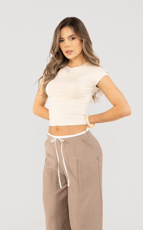 Cream Rolled-Sleeve T-Shirt by Navissi