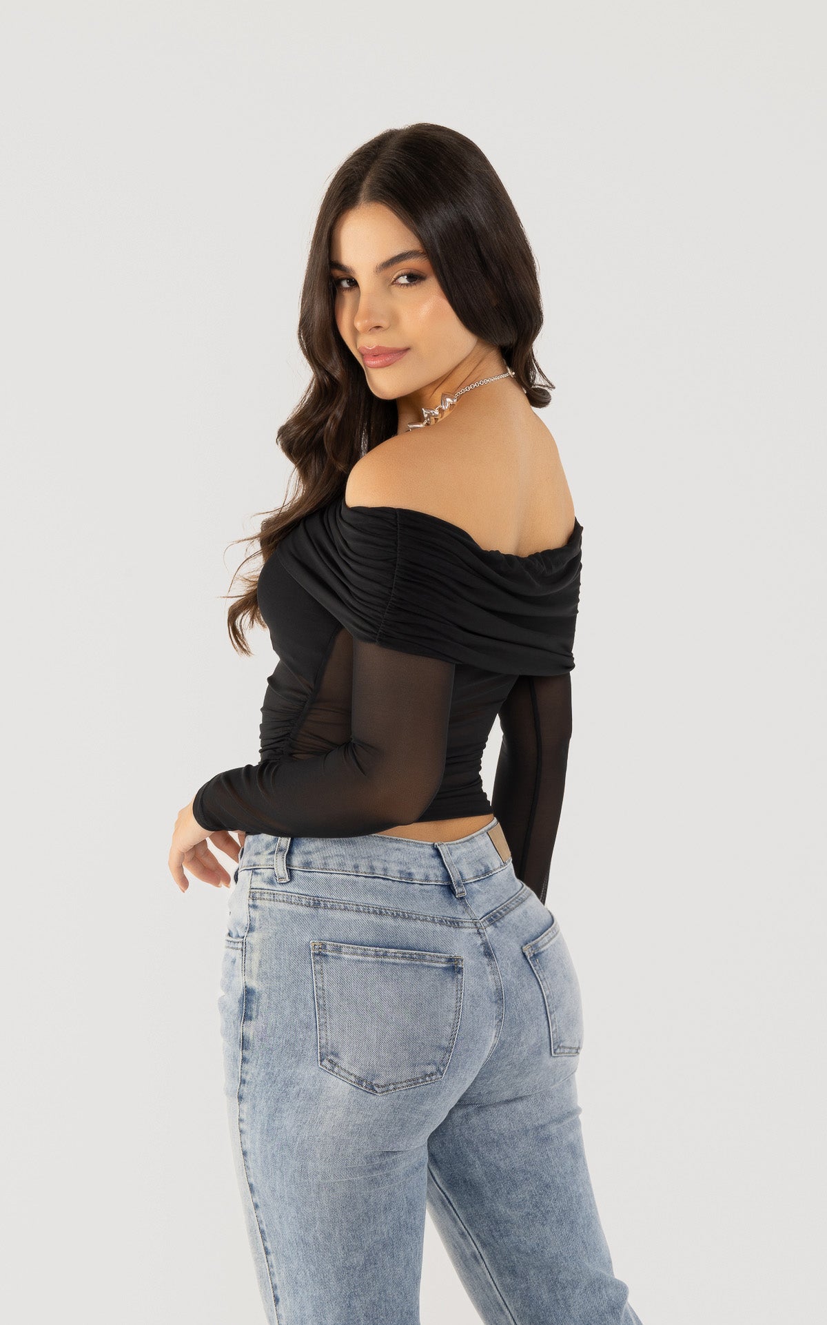 Black Long-Sleeve Wide-Neck Blouse by Navissi