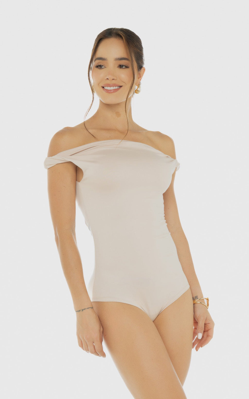 Cream Twisted-Detail Bodysuit by Navissi