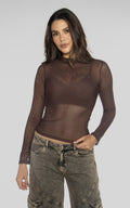 Blusa Chocolate Manga Larga Malla Brillos