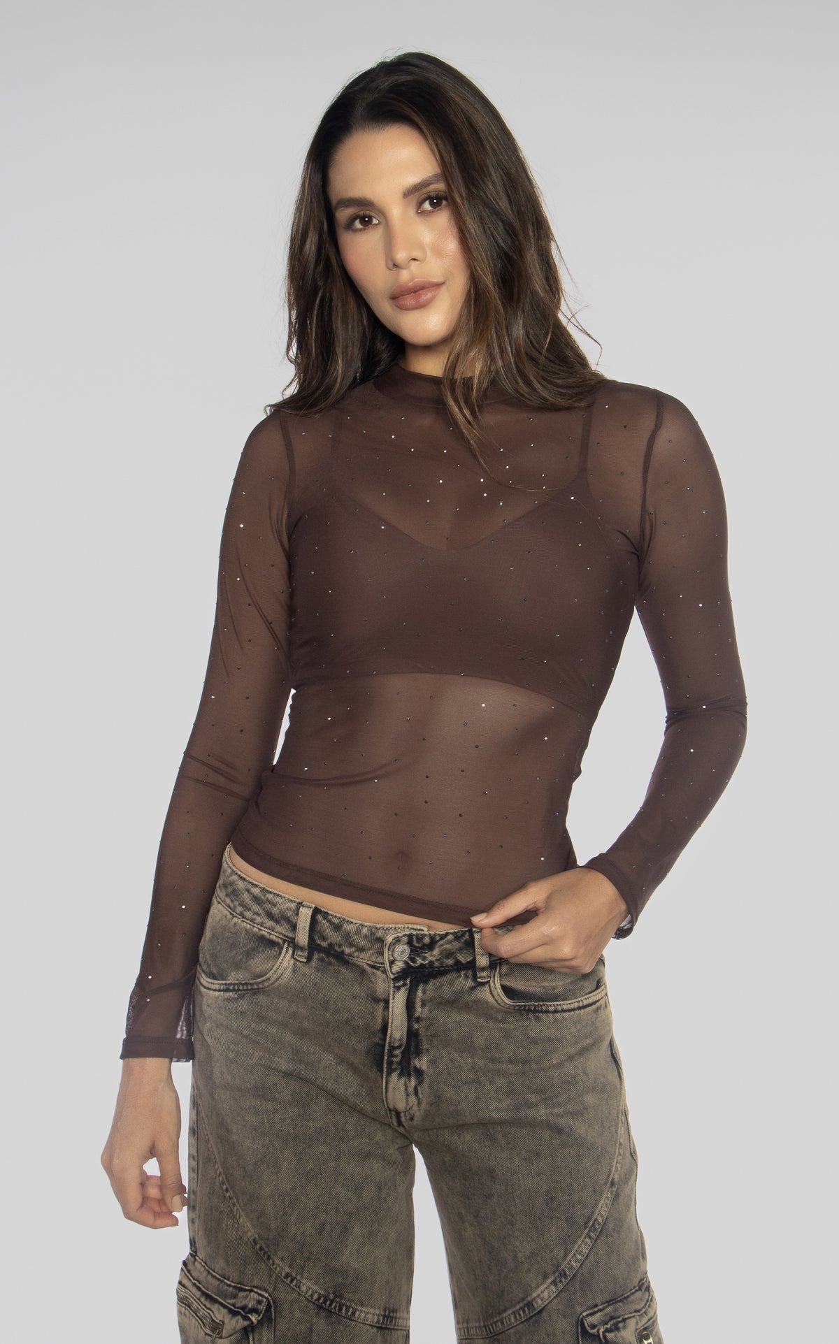 Blusa Chocolate Manga Larga Malla Brillos