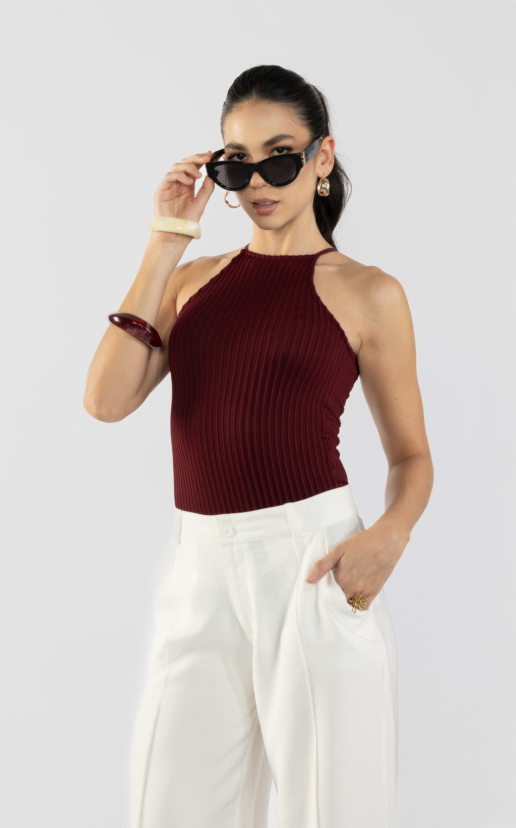 Wine Halter-Neck Bodysuit by Navissi