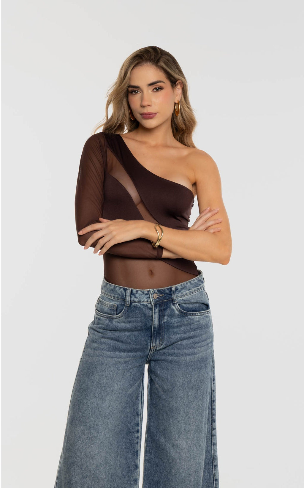 Chocolate Asymmetric Long-Sleeve Bodysuit by Navissi