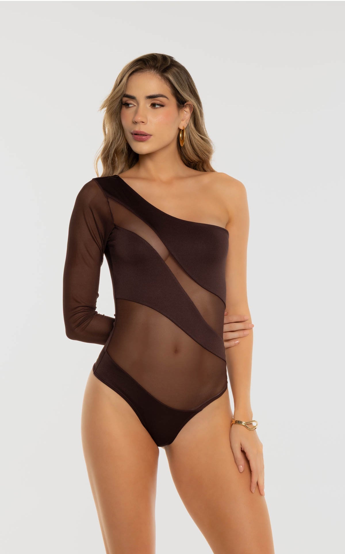 Chocolate Asymmetric Long-Sleeve Bodysuit by Navissi