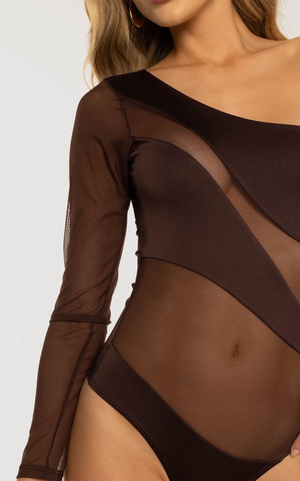 Chocolate Asymmetric Long-Sleeve Bodysuit by Navissi