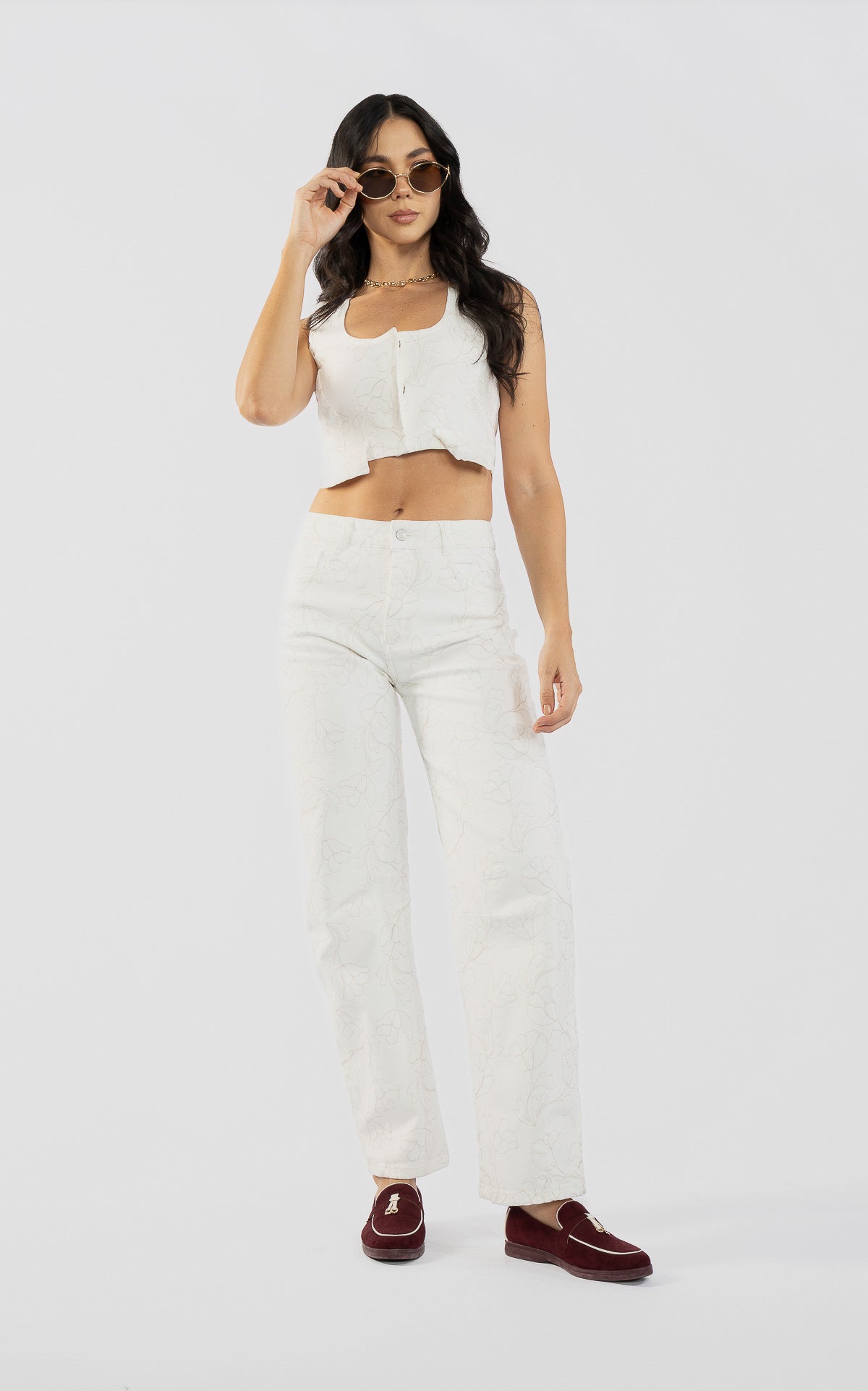 Ecru Denim Stretch Blouse by Navissi