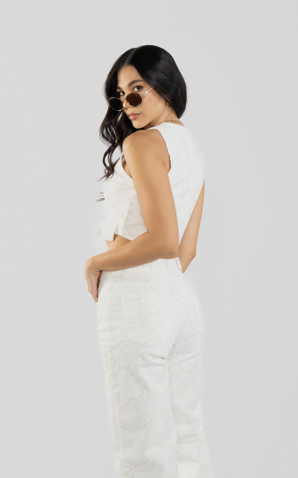 Ecru Denim Stretch Blouse by Navissi