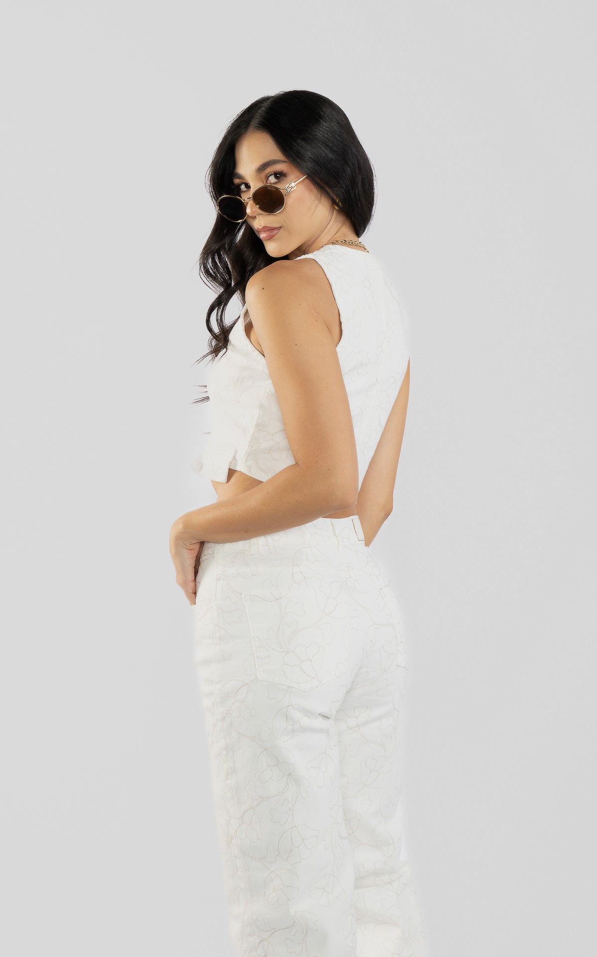 Ecru Denim Stretch Blouse by Navissi