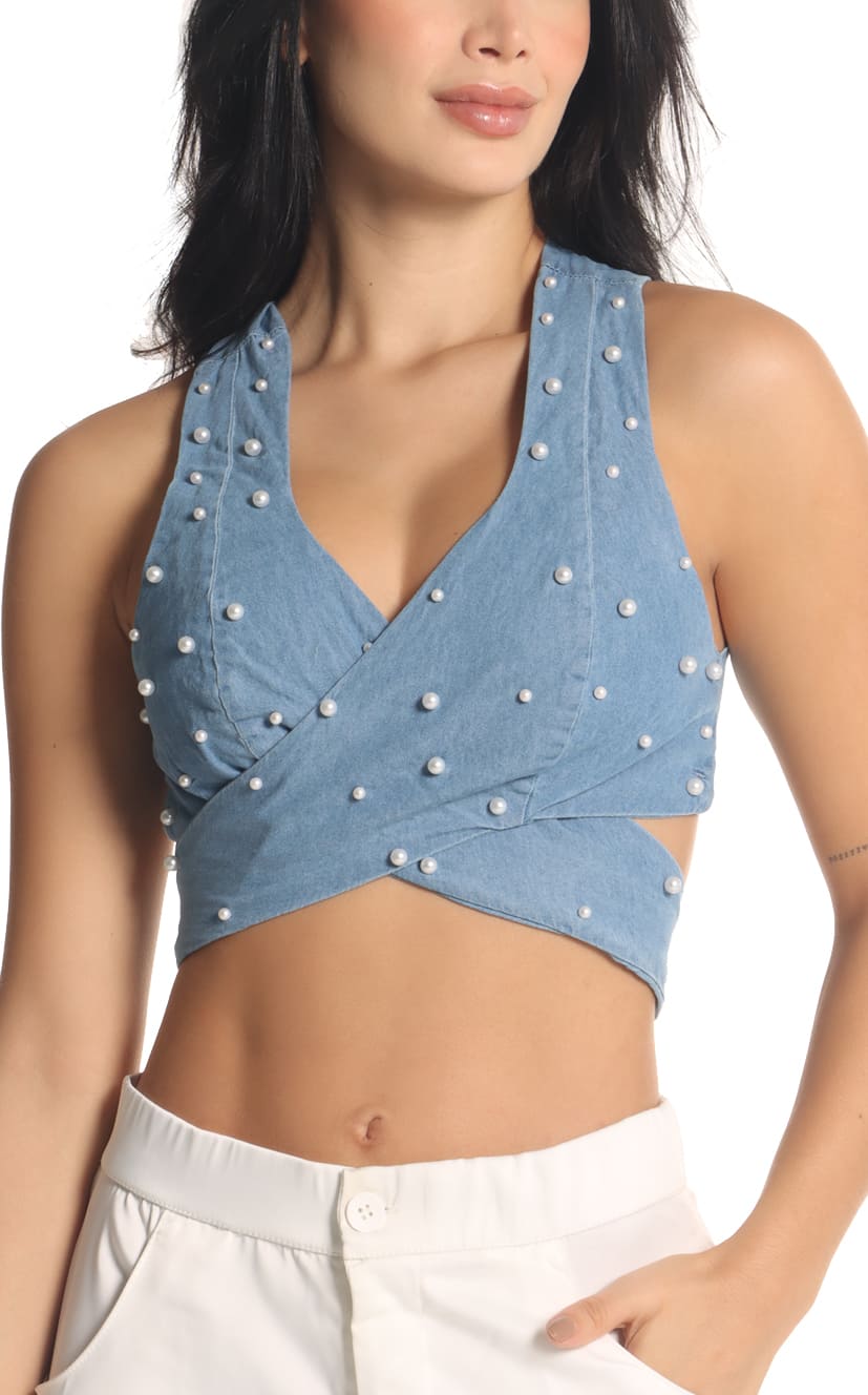 Blusa Azul Crop Frente Cruzado - Navissi Clothing ♡