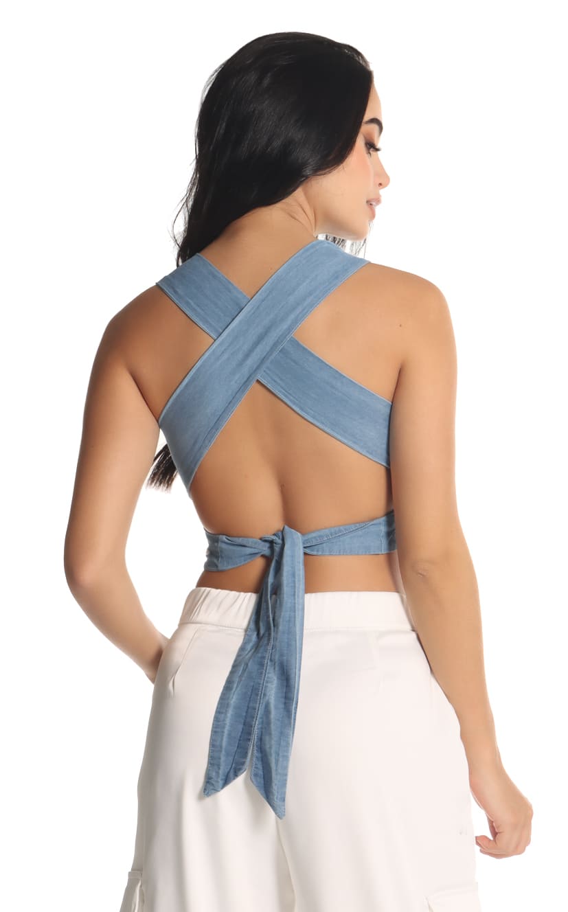 Blusa Azul Crop Frente Cruzado - Navissi Clothing ♡