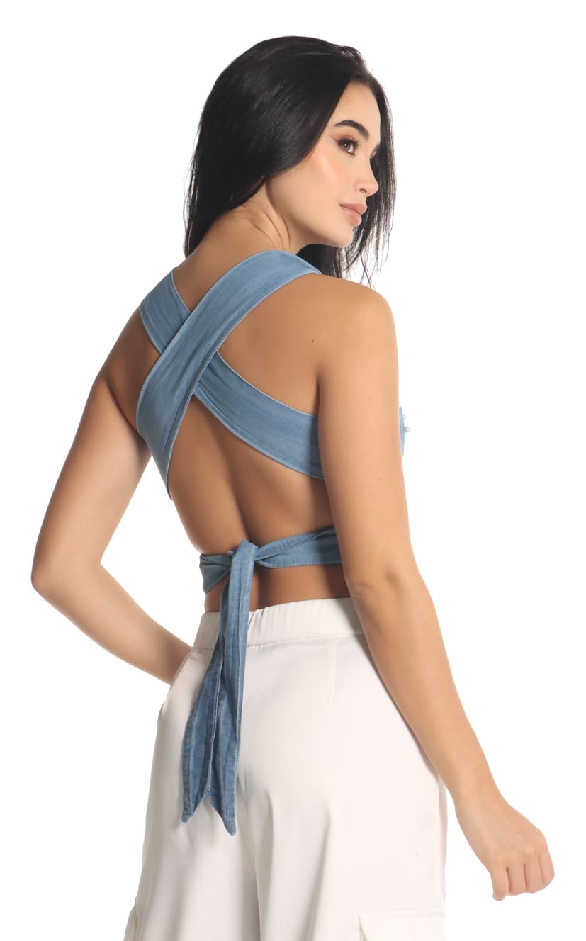 Blusa Azul Crop Frente Cruzado - Navissi Clothing ♡