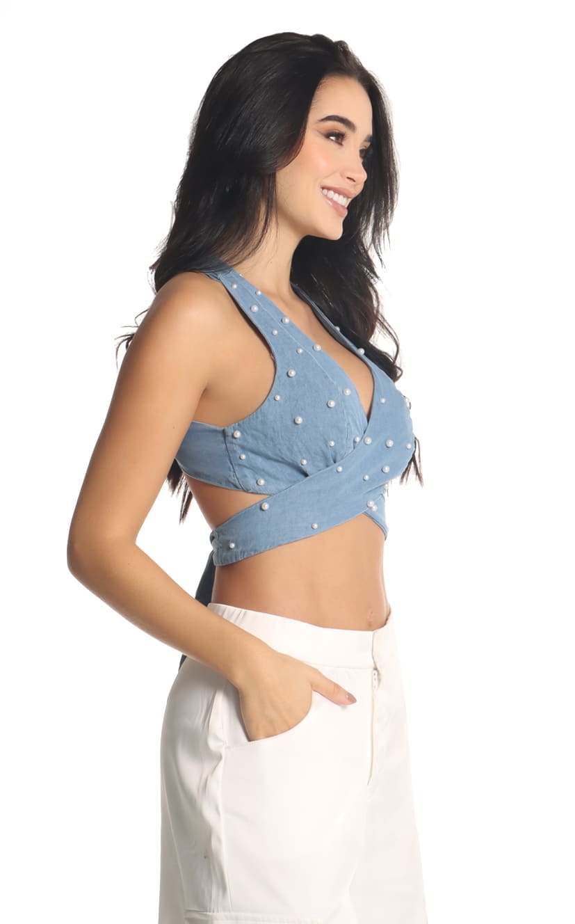 Blusa Azul Crop Frente Cruzado - Navissi Clothing ♡