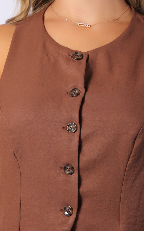 Brown Button-Detail Vest-Style Blouse by Navissi