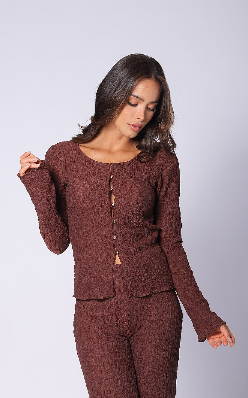 Brown Long-Sleeve Textured Blouse by Navissi