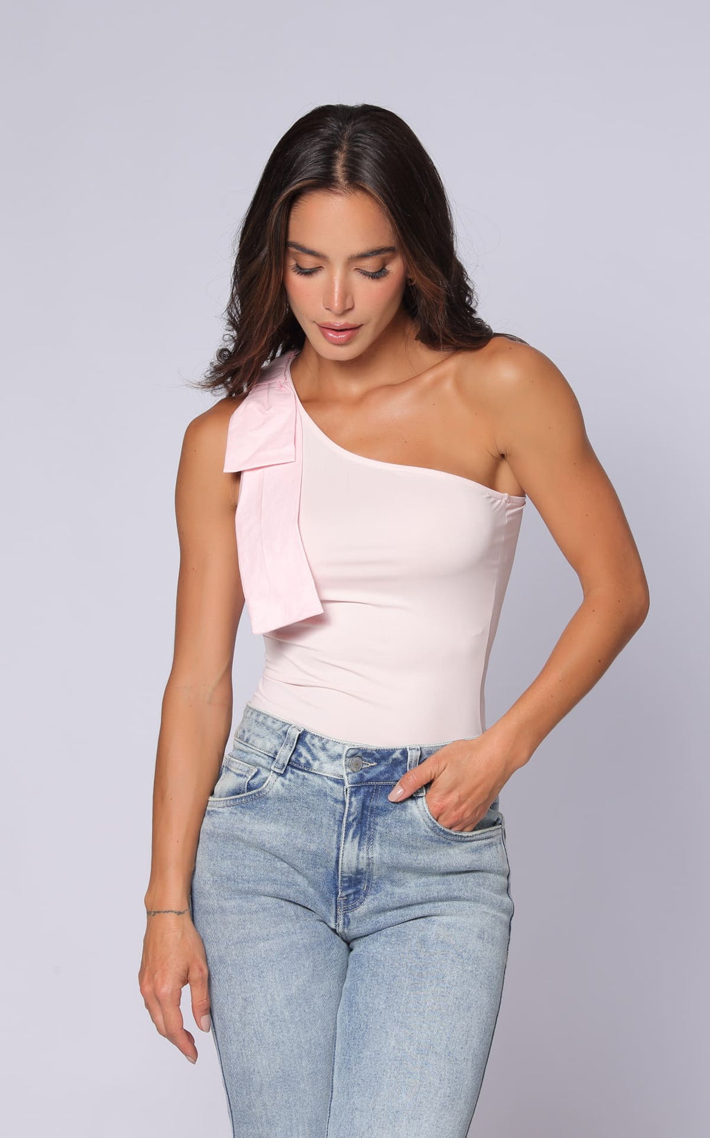Pink Asymmetric Bow-Detail Blouse by Navissi