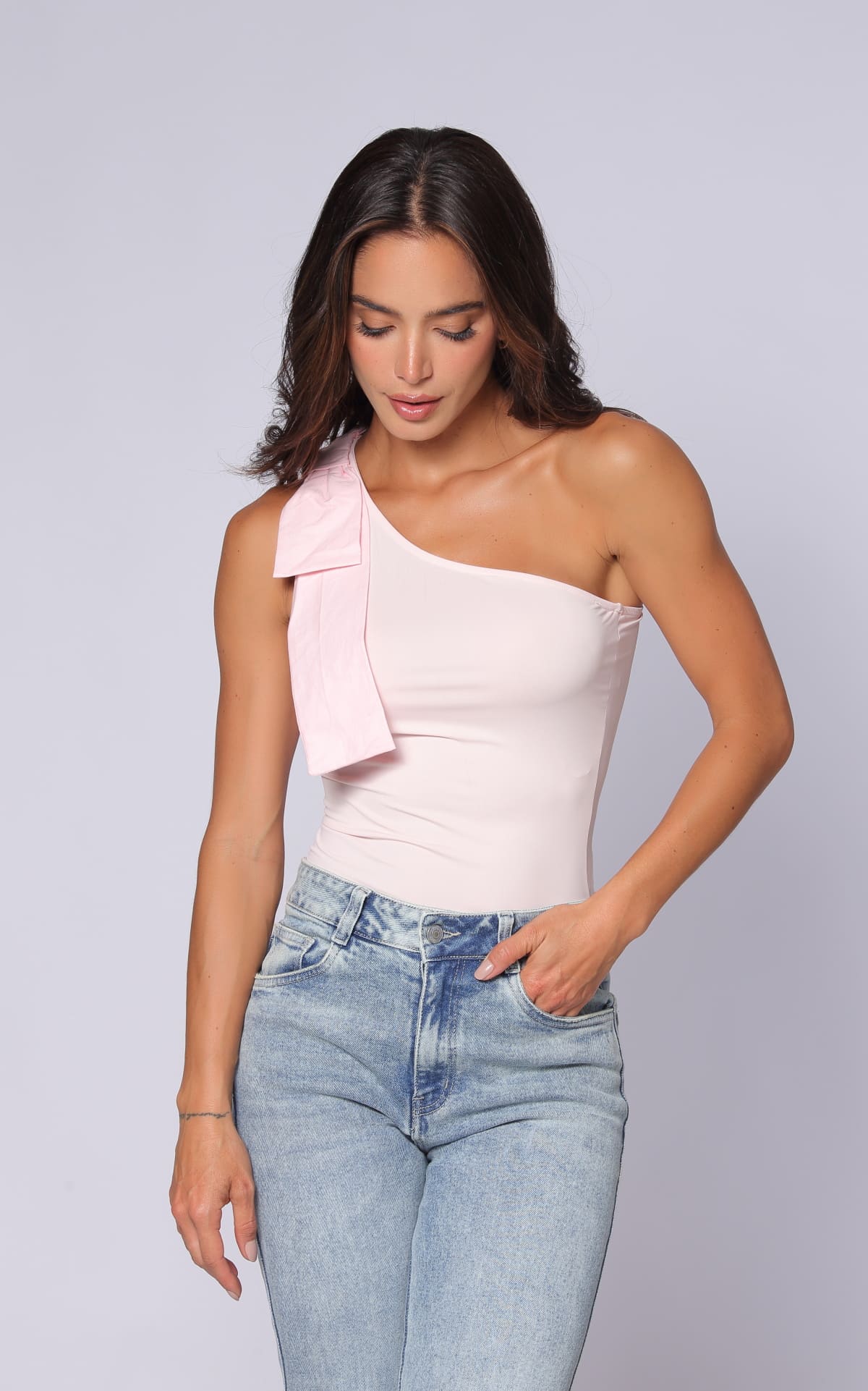 Pink Asymmetric Bow-Detail Blouse by Navissi