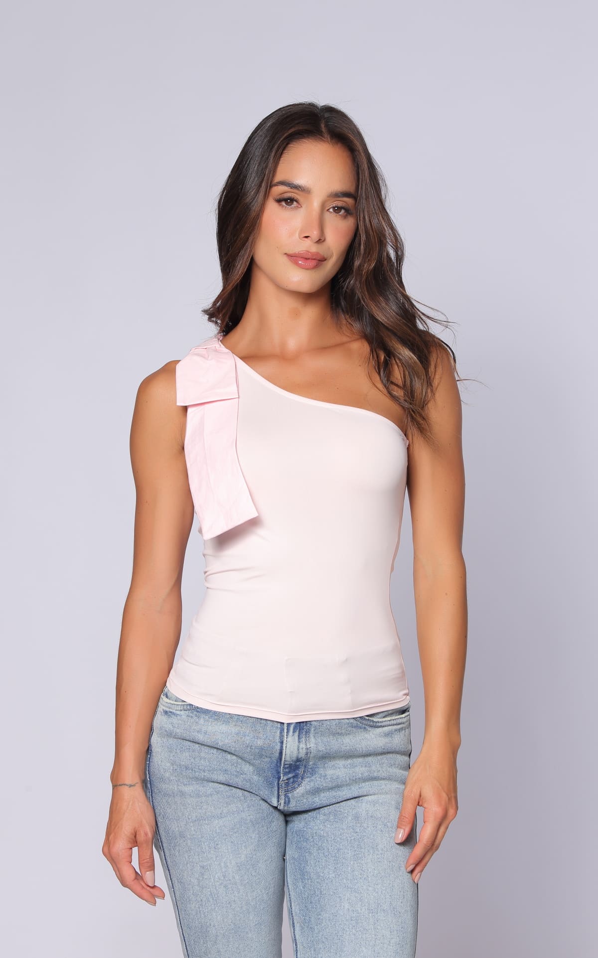 Pink Asymmetric Bow-Detail Blouse by Navissi