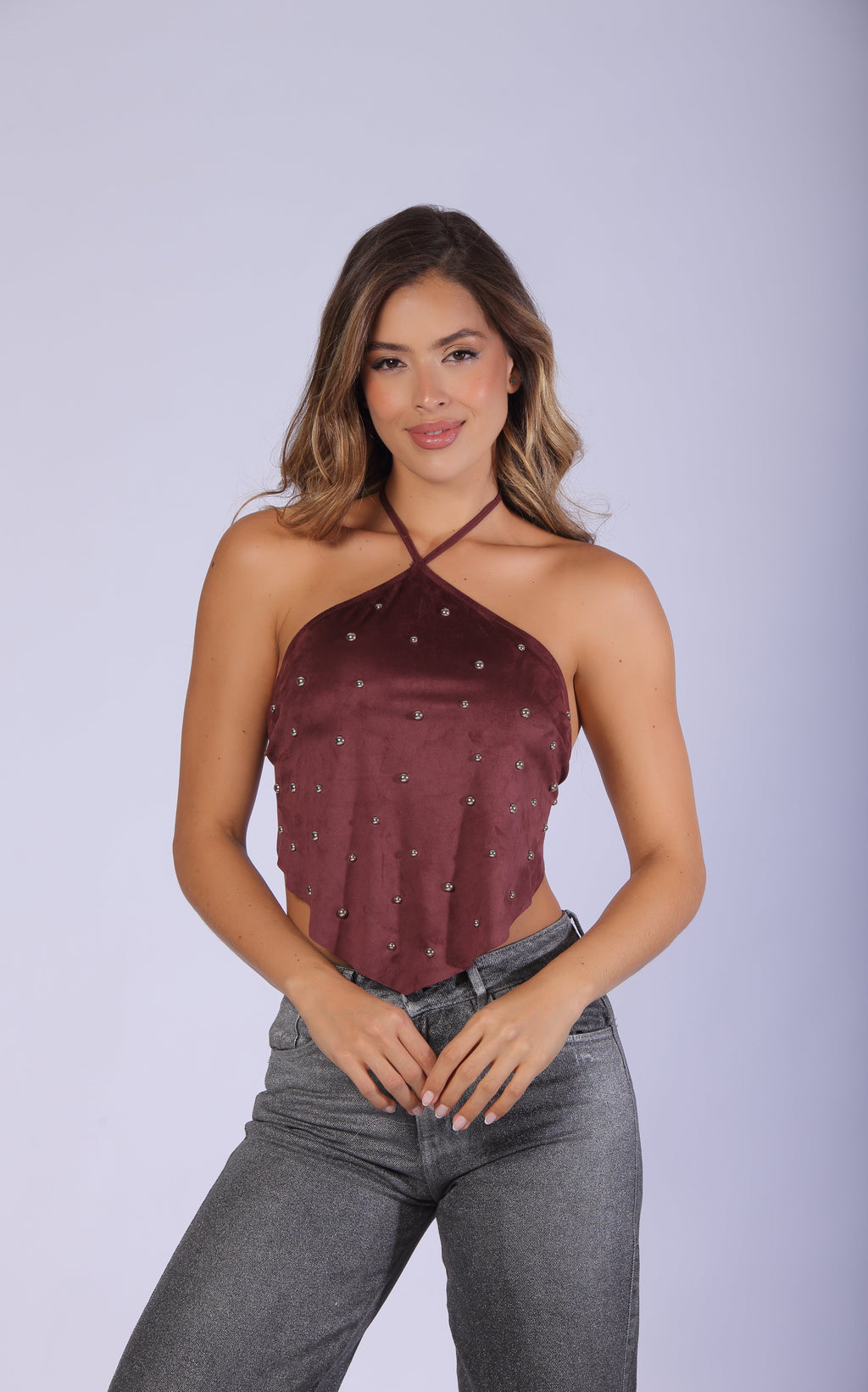Burgundy Open-Back Blouse