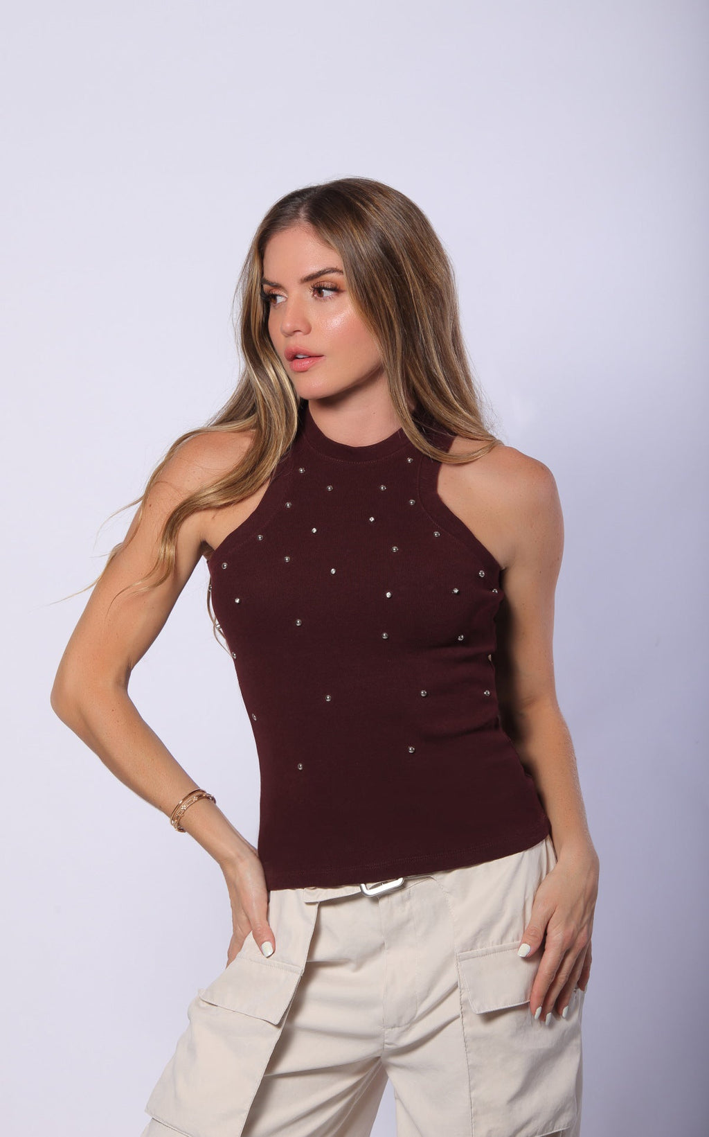 Burgundy Sleeveless Stretch Blouse by Navissi