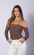 Chocolate Draped Long-Sleeve Bodysuit by Navissi