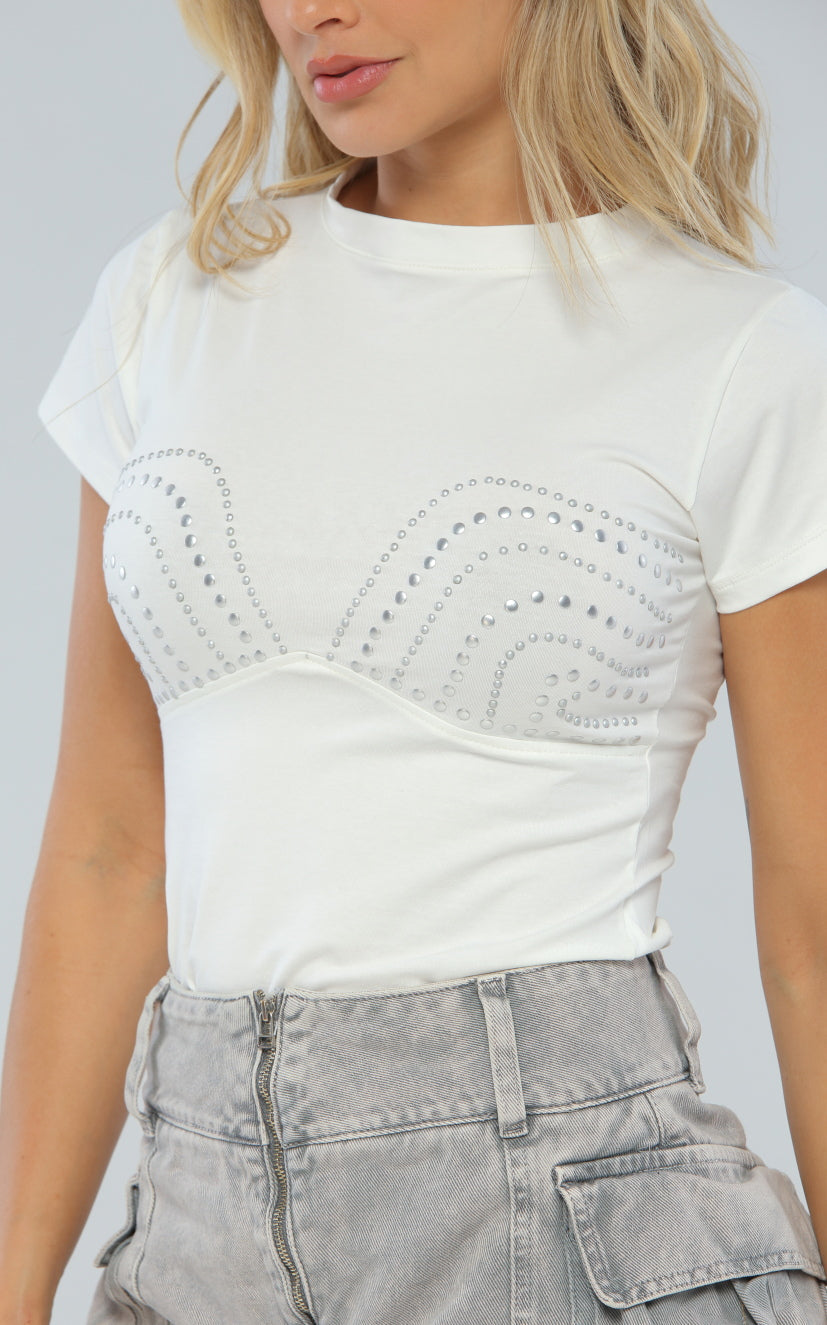 Camiseta Marfil Aplique En Frente