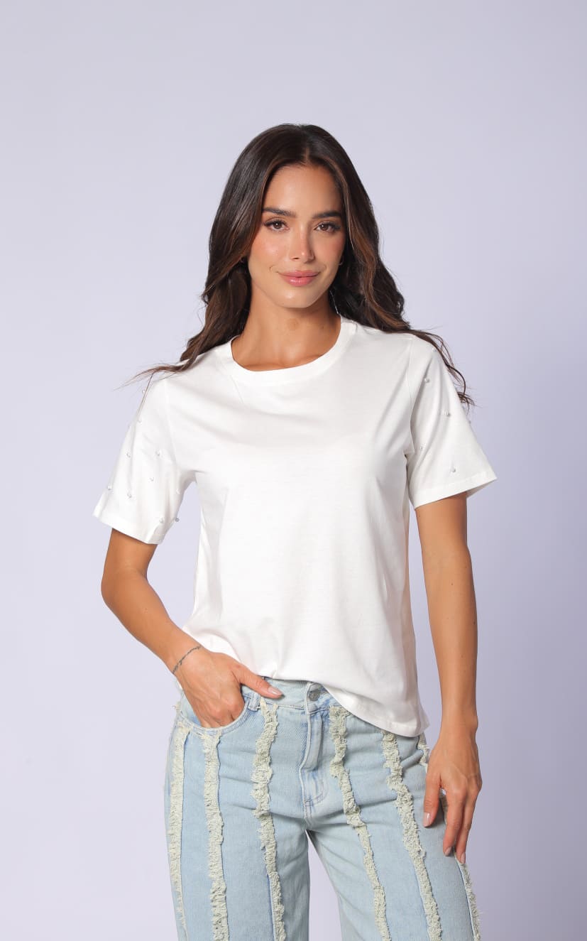Camiseta Marfil Perlas En Manga