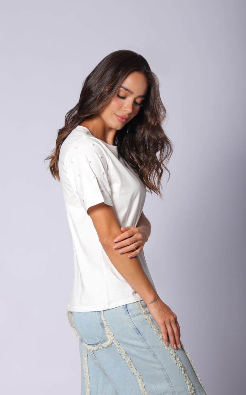 Camiseta Marfil Perlas En Manga
