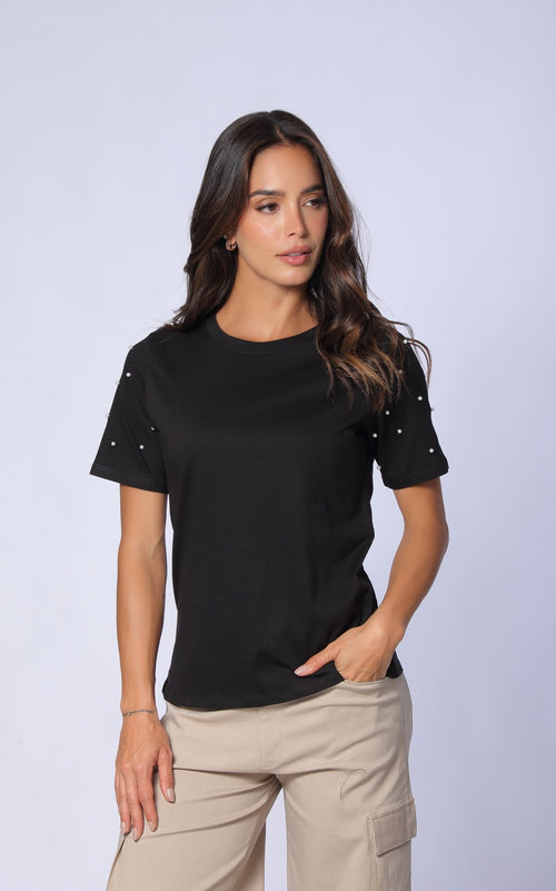 Black Pearl-Detail Regular-Fit T-Shirt by Navissi