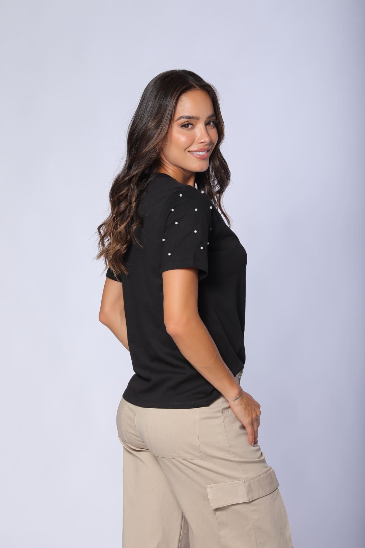 Black Pearl-Detail Regular-Fit T-Shirt by Navissi