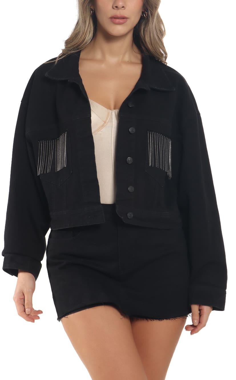 Chaqueta Negra Denim Apliques - Navissi Clothing ♡