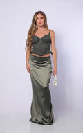Green Satin Stretch Skirt by Navissi