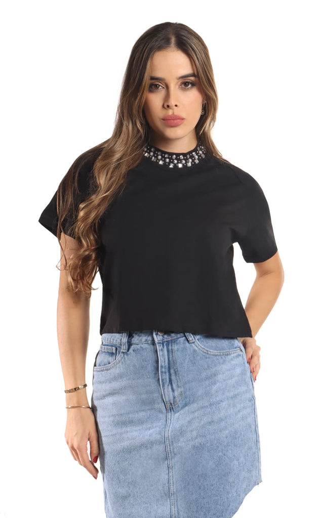 Camiseta Negra Aplique En Cuello - Navissi Clothing ♡