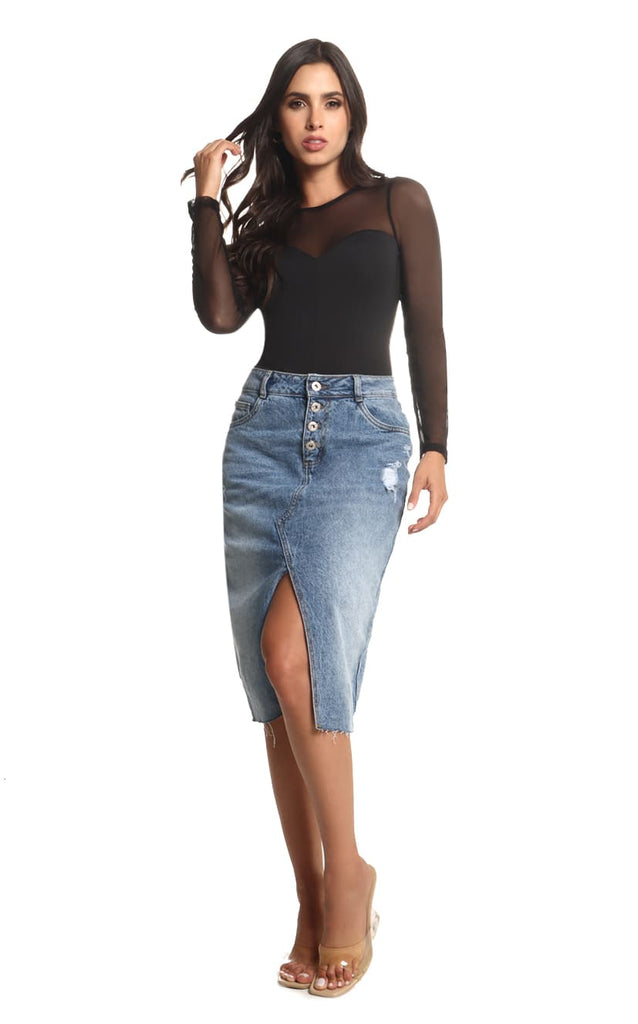 Falda Denim Midi Abertura - Navissi Clothing ♡