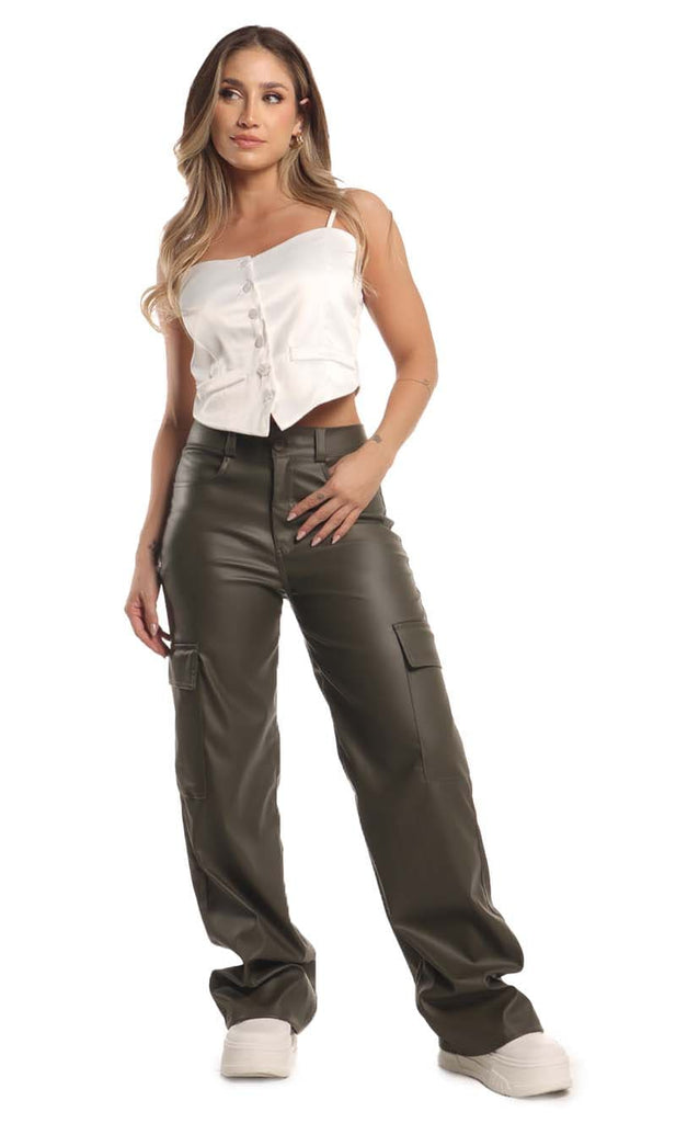 Pantalón Verde Tipo Cuerina - Navissi Clothing ♡